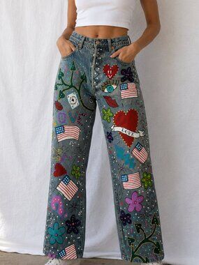 Vintage Leslie Hamel Original Hand-Painted Art Jeans • Not a reproduction • USA